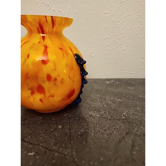 Kralik Art Glass ORANGE Yellow Black Tooled Rigaree SIGNED Made in Cz Chips - Picture 8 of 14